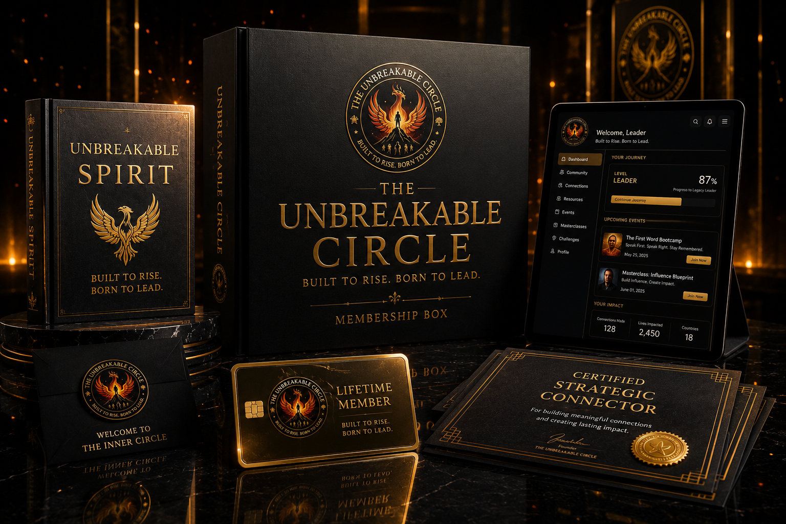 The Unbreakable Circle membership bundle showing the book, membership box, tablet dashboard, lifetime member card and certificate